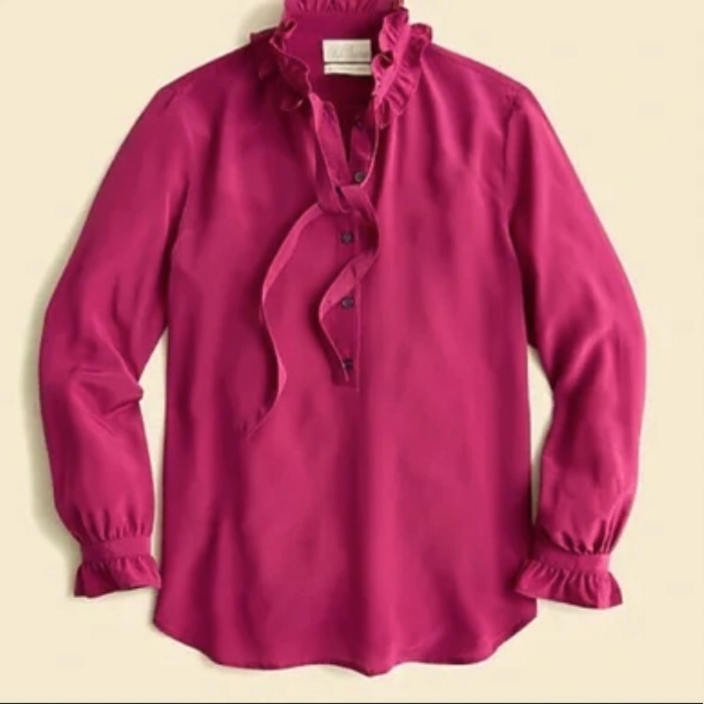 J. Crew Fuchsia Ruffle-Neck Long-Sleeve Blouse